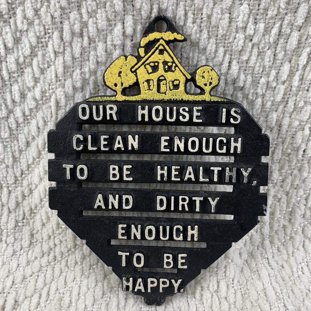 Vintage Cast Aluminum‎ House Is Clean Metal Trivet Kitchen Decor White Black USA